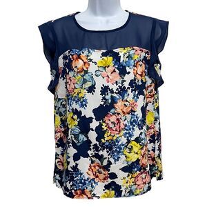 The Limited Blue Floral Ruffle Cap Sleeve Blouse Size Small
